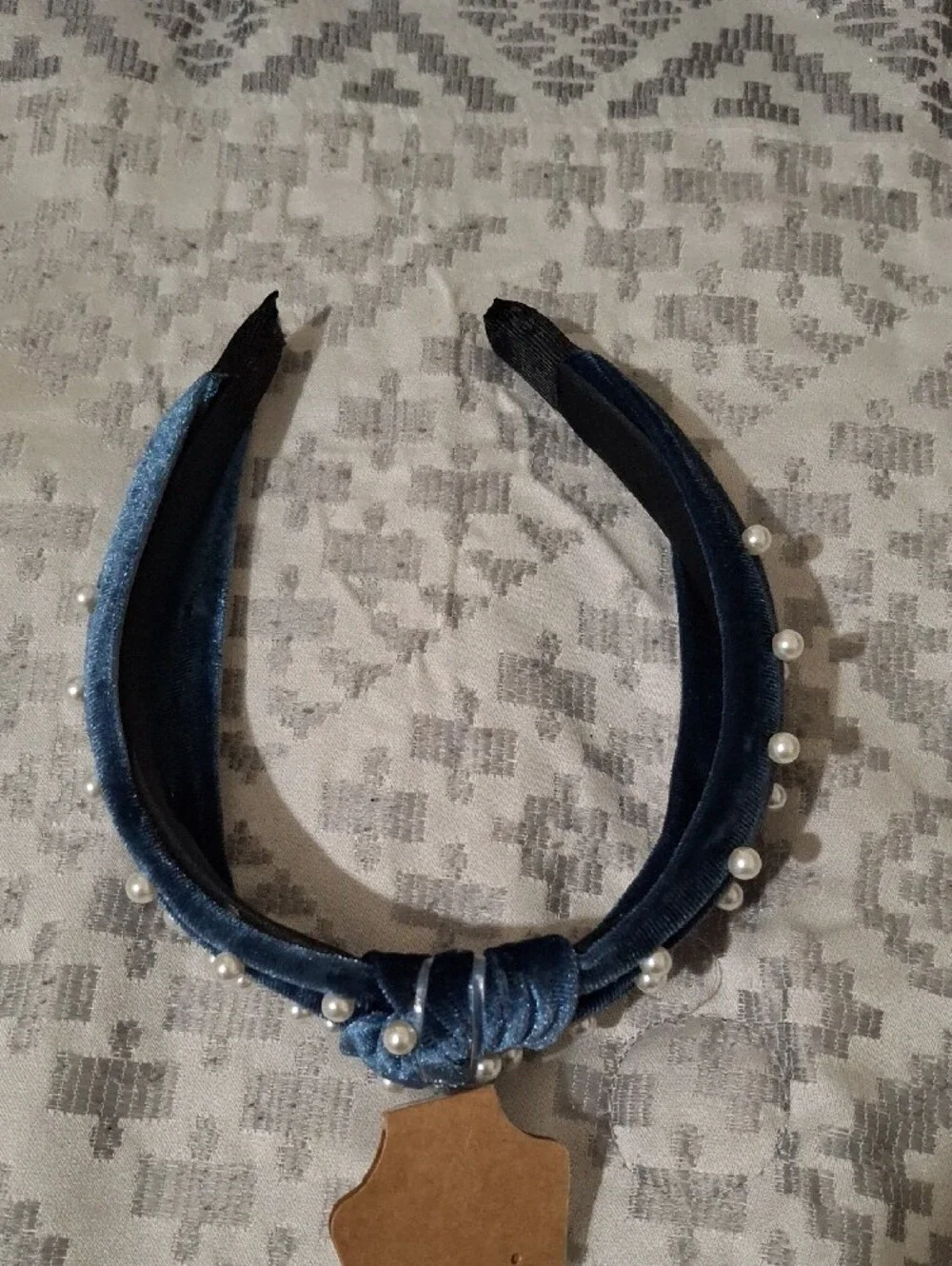 Pearl-Embellished Velvet Knot Headband - Blue